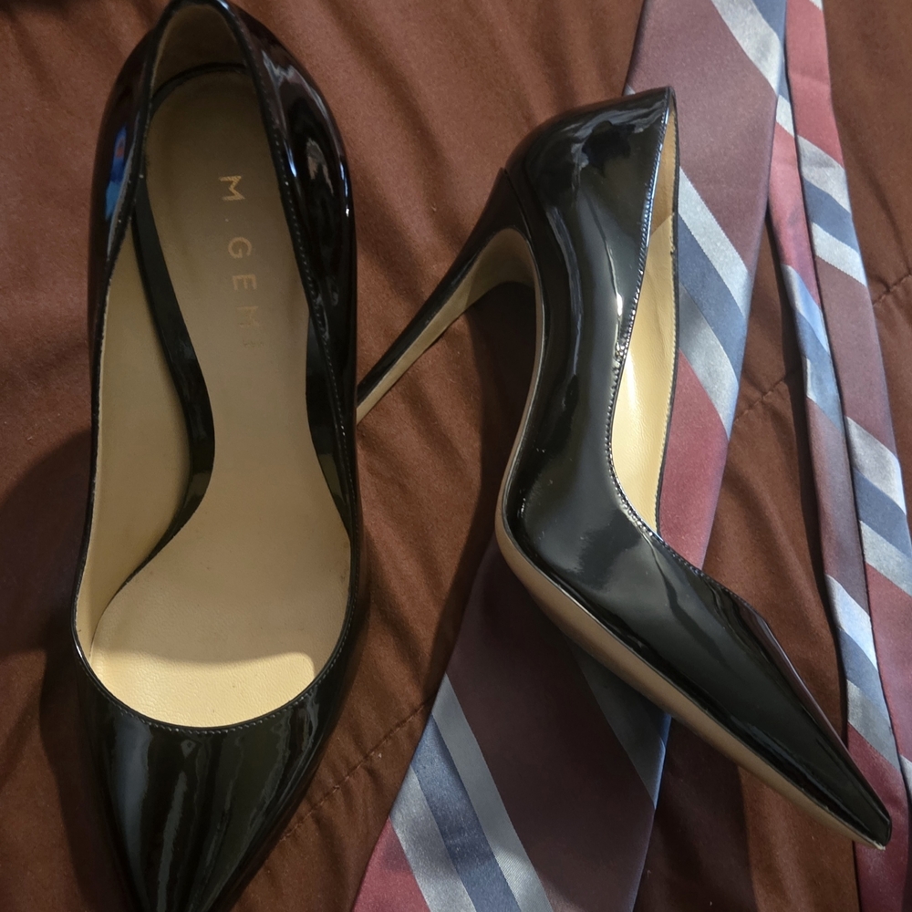 M. Gemi Black Patent Pointed-Toe Stiletto Pumps (Size 39/US 8.5)
